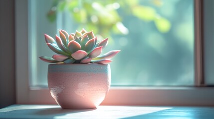 A succulent plant in a pink pot sits on a windowsill with a blurred outdoor background.