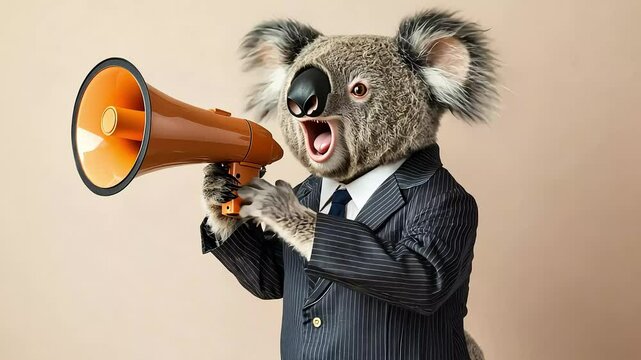 A koala wearing a suit and tie holds a megaphone and shouts, looking up towards the camera with a shocked, surprised expression.