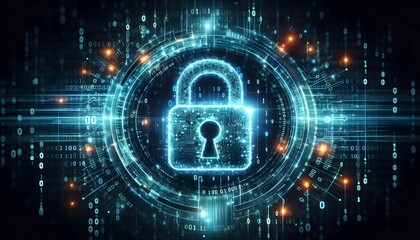 Cybersecurity concept with a glowing digital padlock overlaid on a background of binary code