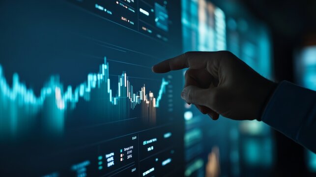 A person points at a digital display showcasing stock market data with fluctuating graphs and numerical information in a dark environment.