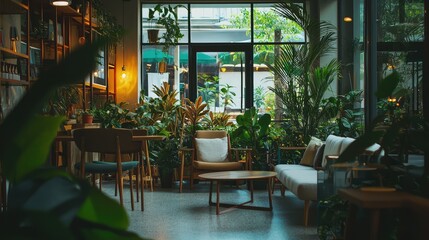Fototapeta premium A serene indoor space filled with lush plants, cozy seating, and warm lighting, perfect for relaxation and inspiration.