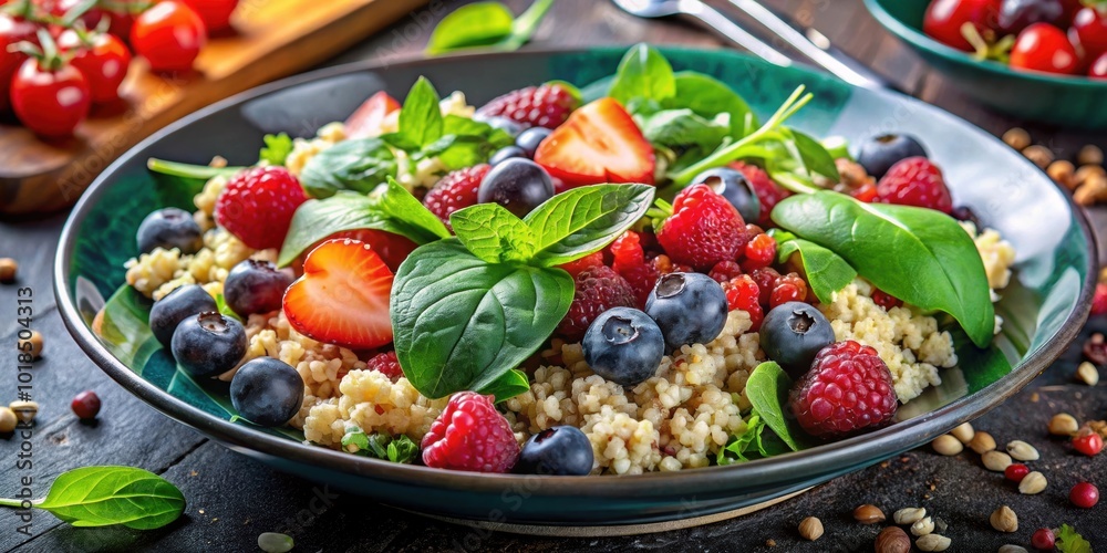 Wall mural a healthy and colorful vegetarian dish made with cooked spinach, quinoa, brown rice, mixed vegetable