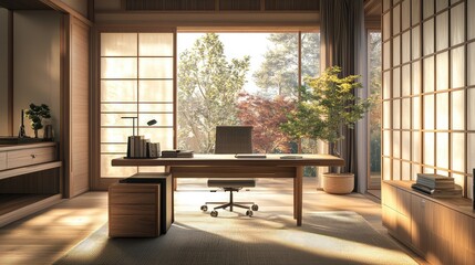 A serene modern office with natural light, featuring a wooden desk, chair, and green plants, creating a calming workspace atmosphere.