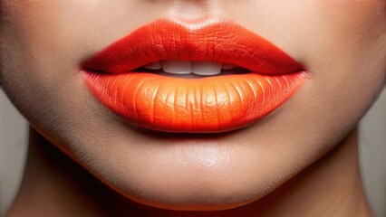 Obraz premium Peach fuzz lipstick on lips with coral and orange shades, makeup, beauty, cosmetics, lipstick, peach, coral, orange, shade