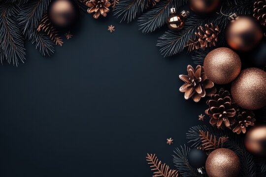 Minimalistic festive christmas composition with pine cones and ornaments for holiday decor - Powered by Adobe