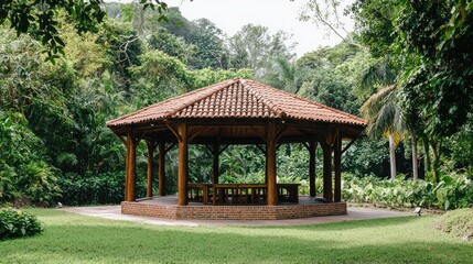 Naklejka premium A serene wooden gazebo nestled in lush greenery, perfect for relaxation and gatherings in nature's embrace.