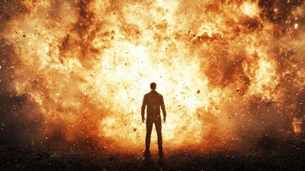 Fototapeta premium A silhouetted figure stands before a massive explosion, capturing a moment of drama and intensity against a fiery backdrop.