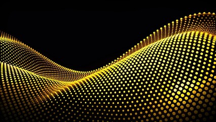 Abstract wave of yellow dots on black background, particles, flowing, animated, pattern, halftone, gradient, curve, shape, isolated