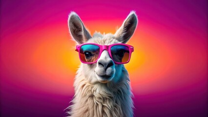 Fototapeta premium A fuzzy white llama with pink sunglasses, looking directly at the camera, stands against a vibrant gradient backdrop of purple, orange, and yellow.