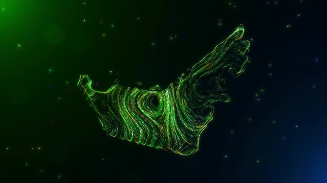 Abstract Motion View glowing map of the United Arab Emirates, featuring swirling neon green and yellow lines, set against combined green-blue and black backgrounds with scattered colorful particles