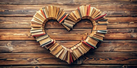 Heart shape made out of old vintage books on wooden table, love, concept, vintage, books, heart, shape, wooden, table