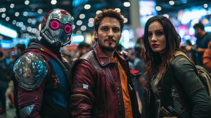 Fans cosplaying as favorite characters at convention. Colorful cosplay costume