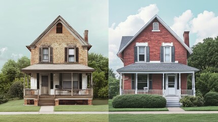 Obraz premium A split-image showing a vintage house on the left with worn siding and a renovated brick house on the right, highlighting contrasting architectural styles.