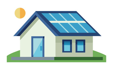 Minimalist Solar-Powered House Icon with Blue Panels  vector on white background