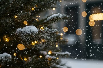 Fototapeta premium Outside Christmas tree in a snow background with tree lights. MZ