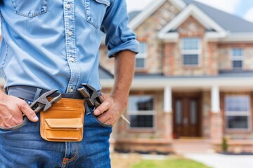 A handyman wearing a tool belt stands in front of a brick house, ready for home improvement or repair work.