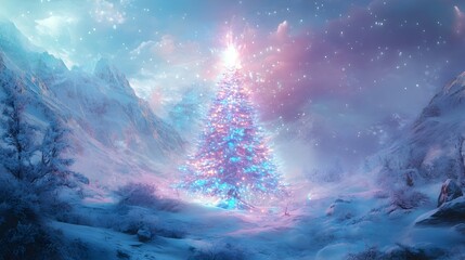 Majestic Winter Wonderland with Glowing Christmas Tree and Sparkling Snow Capped Mountains