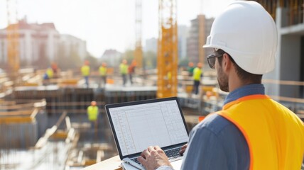 Engineer at a construction site, reviewing schedule on a laptop, detailed background of workers and equipment, photorealistic