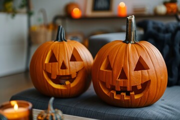 Fototapeta premium Two carved pumpkins with glowing candles, creating a festive Halloween atmosphere in a cozy living room setting.