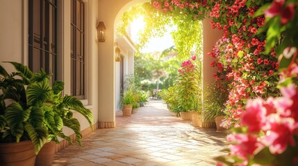 Obraz premium A sunlit garden pathway adorned with vibrant flowers and lush greenery, evoking tranquility and natural beauty.