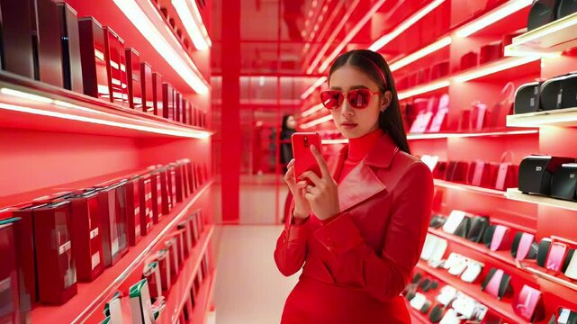 Asian woman wearing a red outfit and sunglasses browsing products on her smartphone in a virtual store filled with merchandise. Online shopping, Black Friday sale