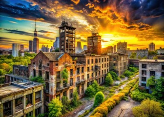 Fototapeta premium In urban skylines, abandoned buildings portray neglected architectural gems, offering a window into the heart and history of cities now left behind.