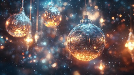 Obraz premium Sparkling Christmas Ornaments Suspended Against Glittering Backdrop with Bokeh Lights