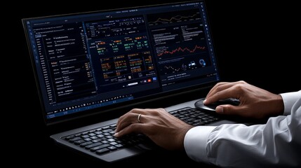 Data Analyst at Work: Close-up shot of a person's hands working on a laptop with multiple screens displaying complex data and code.  The dark background emphasizes the focus on the task at hand. 