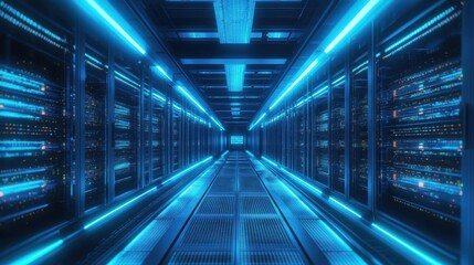 Obraz premium A sleek, modern data center filled with rows of glowing servers, surrounded by blue ambient lighting