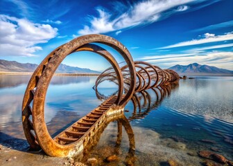 A rusting serpentine pier stretches into the Great Salt Lake's shimmering waters, a tangled metal monument to humanity's ephemeral reach.