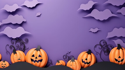 A Paper cut style,  Halloween background illustration, with lantern pumpkins, bat and skeleton trees silhouettes with full moon at night.