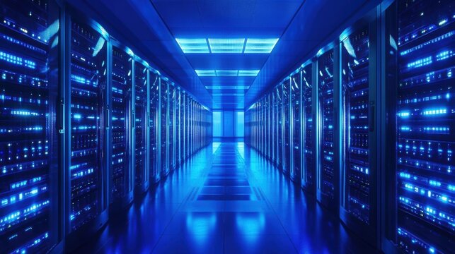 A sleek, modern data center filled with rows of glowing servers, surrounded by blue ambient lighting