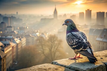 A serene grey pigeon perches on a weathered stone ledge, feathers ruffled, gazing out at a misty urban cityscape with a hint of morning sunlight.