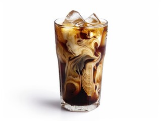 refreshing summer iced coffee in elegant glass. creamy swirls mix with dark brew over ice cubes. condensation beads on glass surface. clean white background emphasizes drink's inviting appearance.