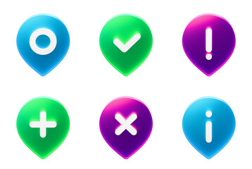 3D map location pointers set. Map pin 3D glass PNG icons collection with transparent background