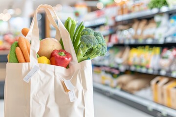 Fresh vegetables in a reusable shopping bag at a grocery store.