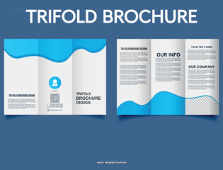 Blue trifold brochure with waves. A stylish and contemporary trifold brochure design featuring vibrant colors and a clean, organized layout