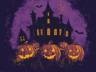 Fototapeta premium retro-style graphic t-shirt design featuring stylized haunted house silhouette with glowing windows, surrounded by grinning pumpkins on rich purple background