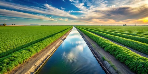 Naklejka premium Irrigation canals flowing through lush green farmland in a mesmerizing pattern, agriculture, irrigation, canals, farmland