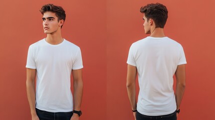 young man in blank white t-shirt, front and back view, t-shirt mockup