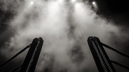 boxing ring exudes an intense energy enveloped in smoke and illuminated by dramatic spotlighting inviting the crowd to a thrilling fight night.