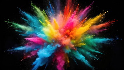 A spectacular explosion of colorful powder erupts against a dark background, creating a vibrant and dynamic visual experience.