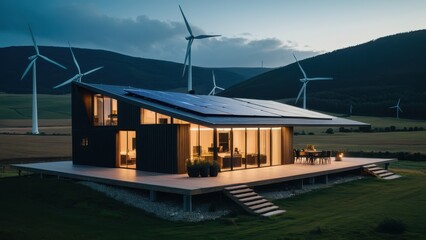 Obraz premium Futuristic off-grid home with solar panels and wind turbines in a rural landscape, showcasing sustainable living and renewable energy solutions. Perfect for eco-friendly lifestyle concepts