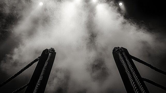 boxing ring exudes an intense energy enveloped in smoke and illuminated by dramatic spotlighting inviting the crowd to a thrilling fight night.