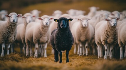 A black sheep standing out from the crowd of white sheep, highlighting themes of diversity and individuality in a rural setting.