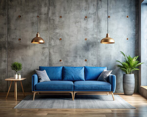 A blue couch sits in a living room with a potted plant and two lamps. The room has a modern and minimalist design, with a neutral color palette and clean lines