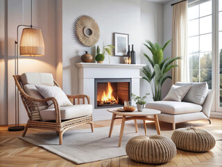 Cozy living room interior with fireplace and armchairs. Japandi interior.