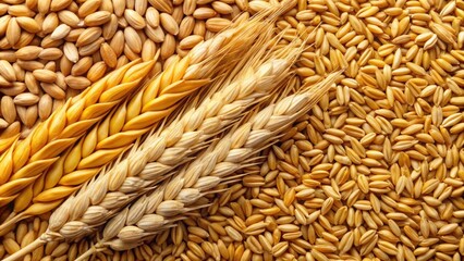 Golden wheat grains, barley and oat seeds, mixed cereals background for animal feed, grains, golden wheat, barley