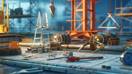 Fototapeta premium detailed view of construction site with various tools and equipment, showcasing ladder, scaffolding, and construction materials, creating vibrant industrial atmosphere