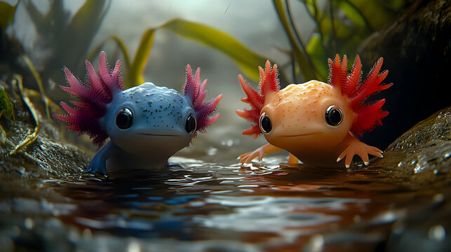 Two Cute Axoloti Looking at Each Other in Water, Aquatic Animals, Animated Amphibians, Cartoon-Style Creature Design, Underwater